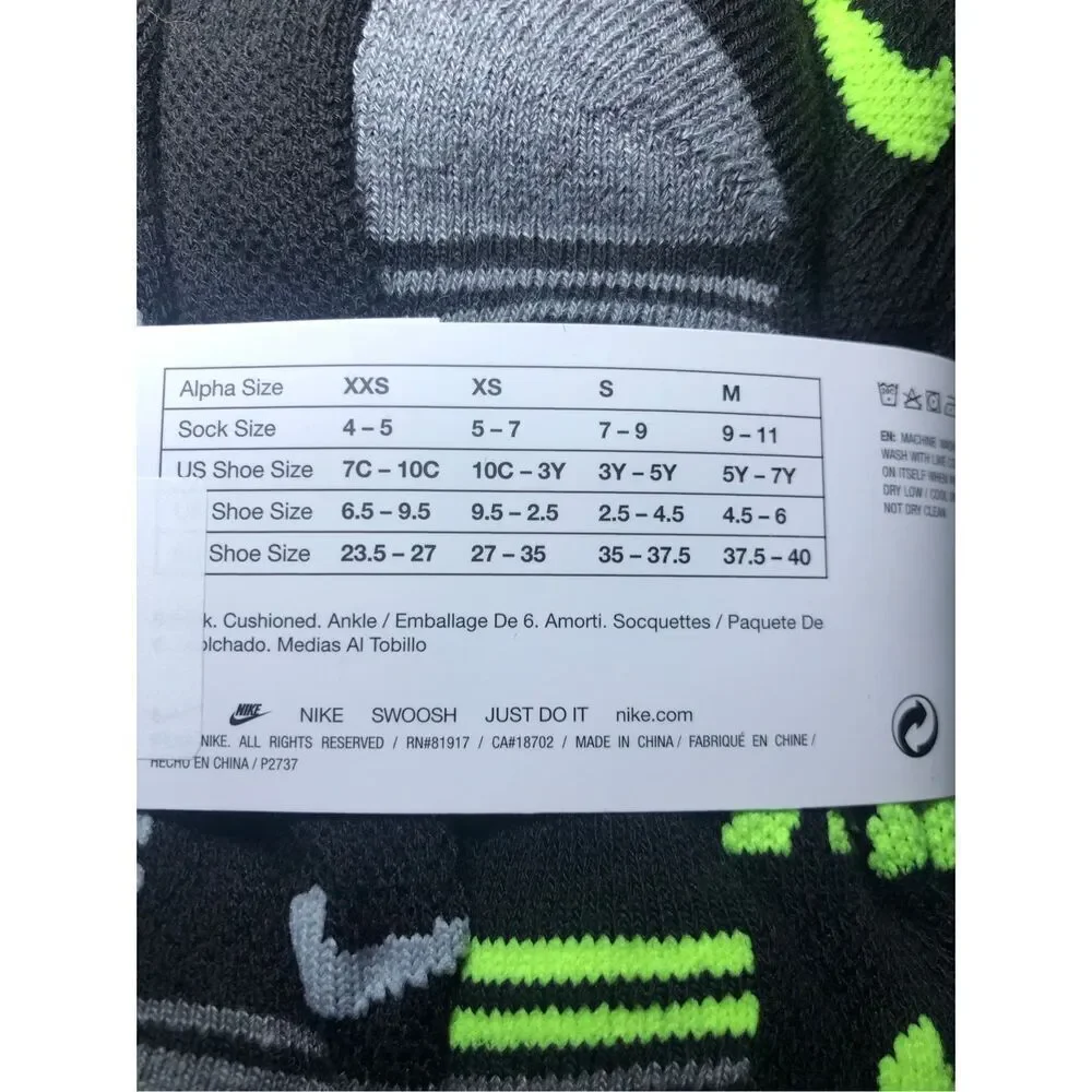 Nike Kids Cushioned Ankle Socks Size 5-7/ Shoe 10C-3Y  6 pack